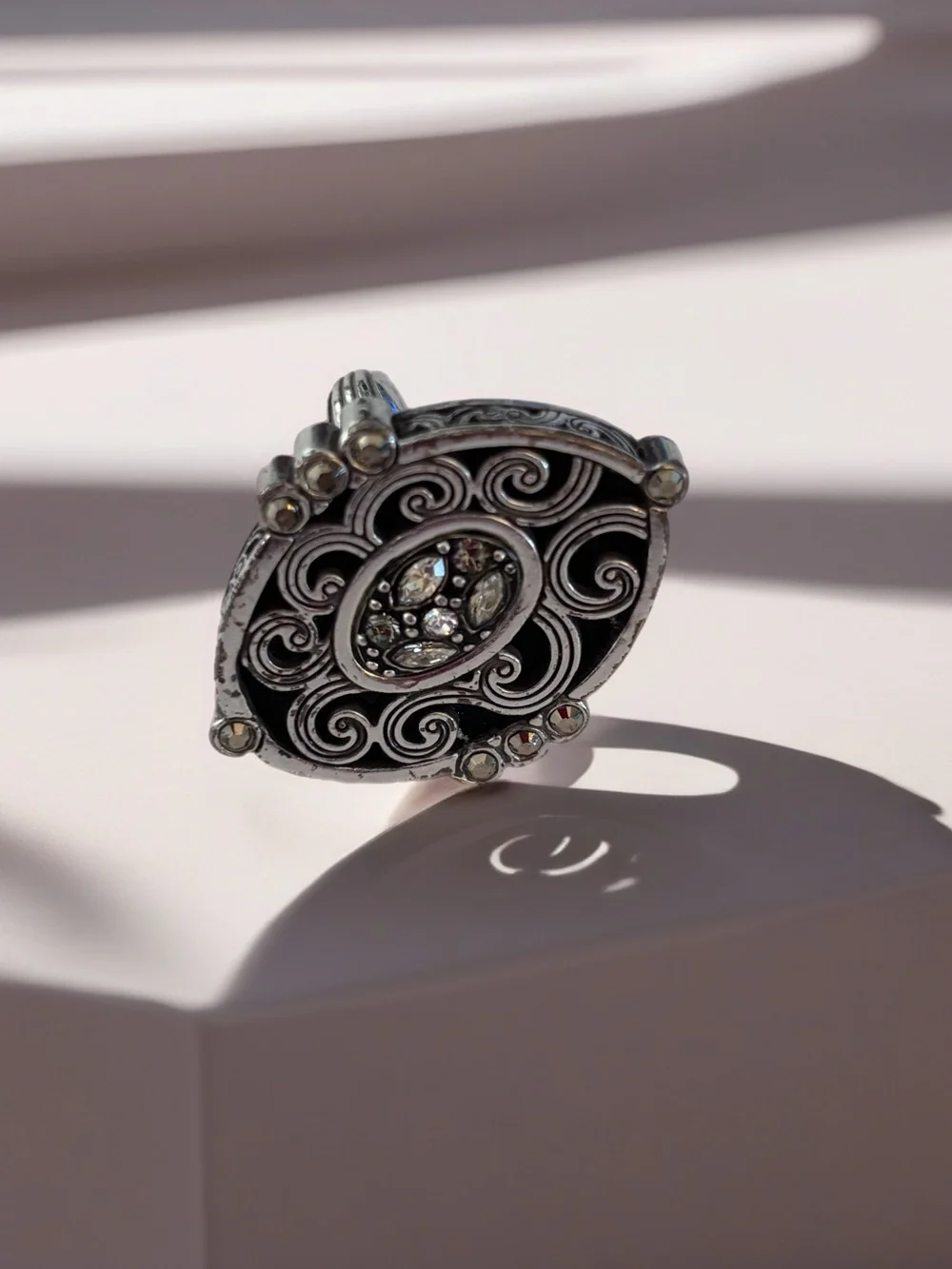 Brighton Silver Filigree Scroll Ring with Crystal Accents.  Scrollwork & Crystal
